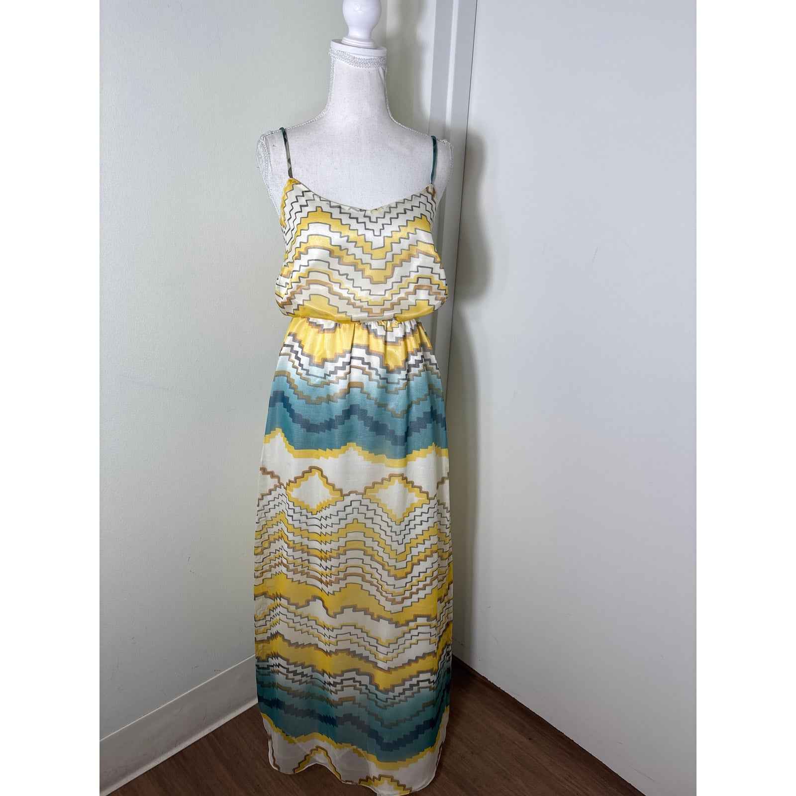 Anthropologie Wendy Katlen Yellow Teal Spaghetti Strap Backless Maxi Dress Sz 4