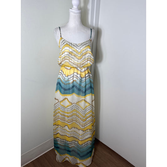 Anthropologie Wendy Katlen Yellow Teal Spaghetti Strap Backless Maxi Dress Sz 4