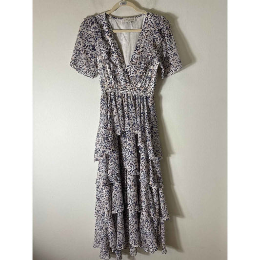 Hale Bob Purple Short Sleeve Layered Ruffle Maxi Dress Sz XS