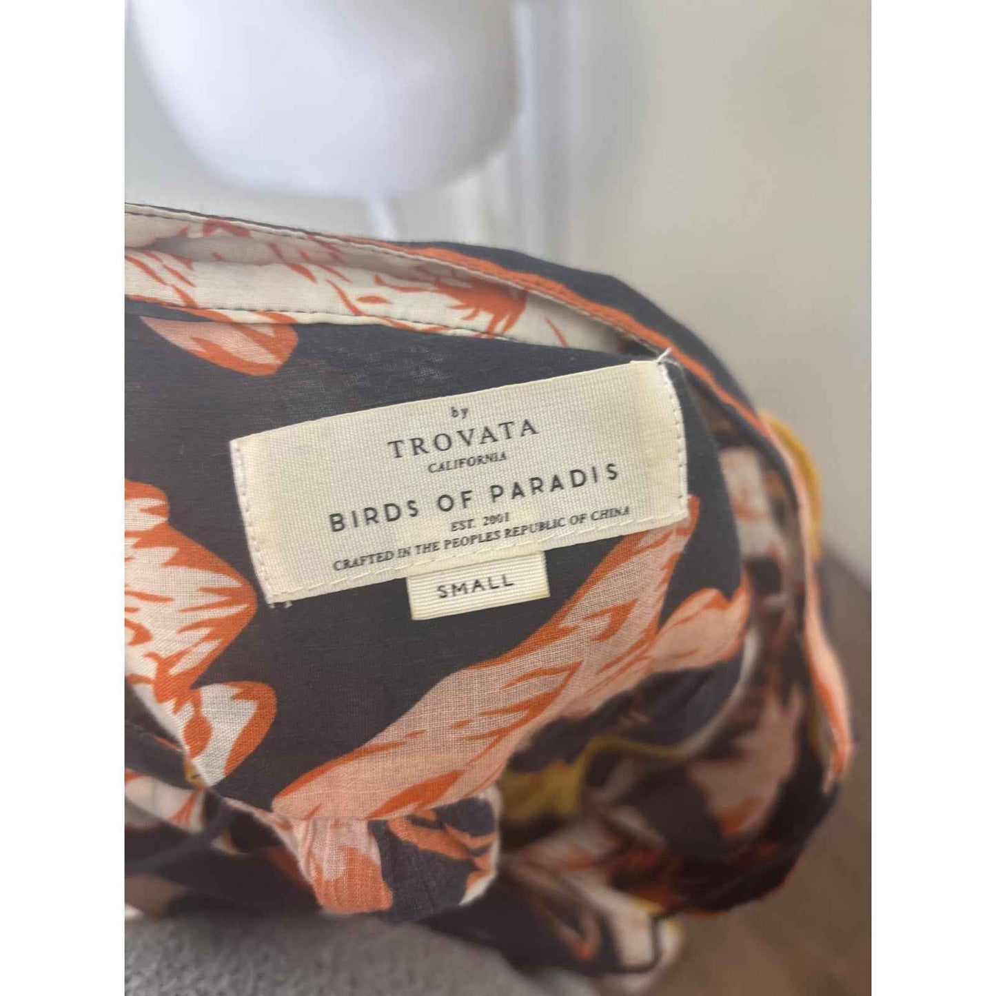 Trovota Birds of Paradis Black with Yellow and Orange flowers Top Sz S