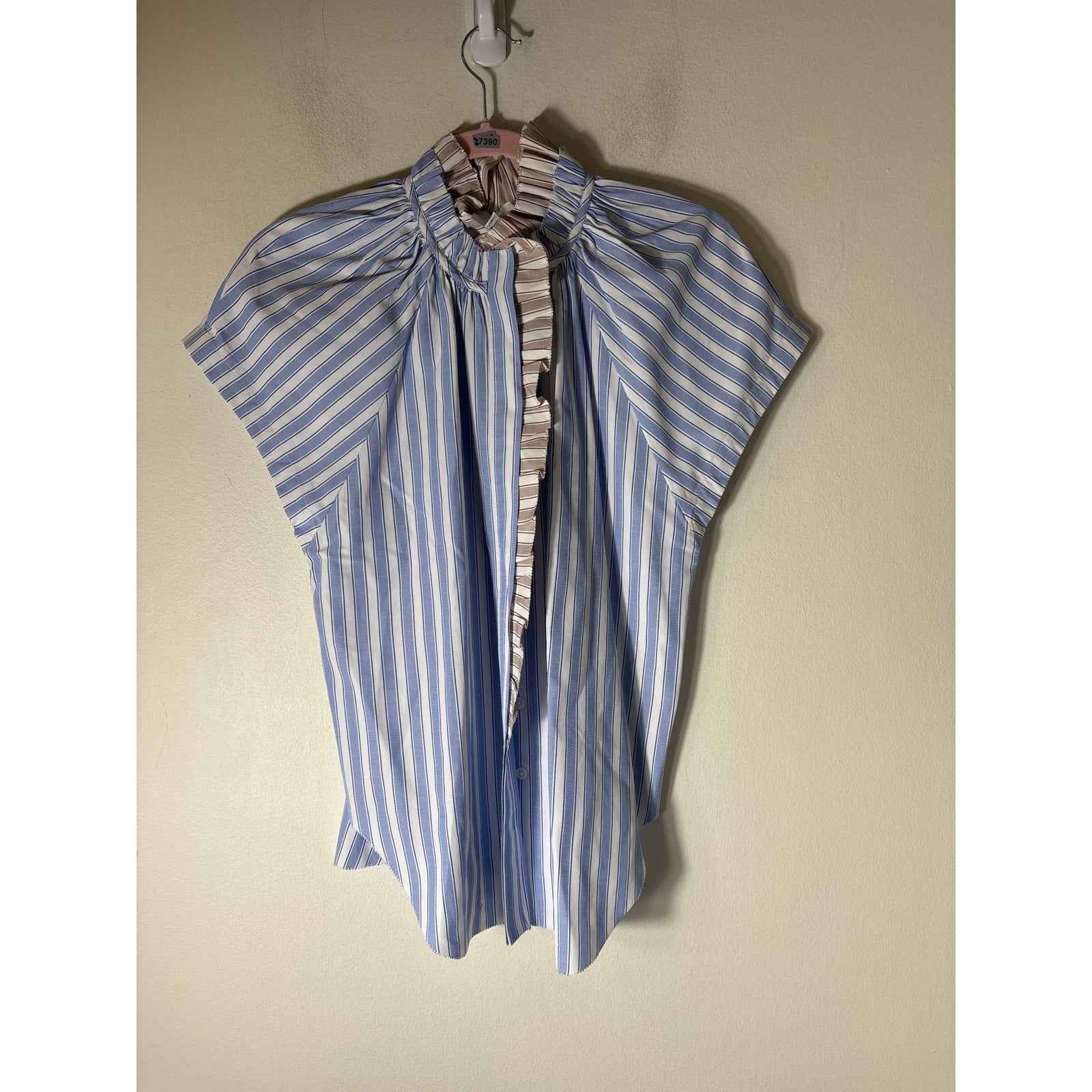 Sundays Blue Tan Stripe Cap Sleeve Button Up Ruffled High Collar Sz S