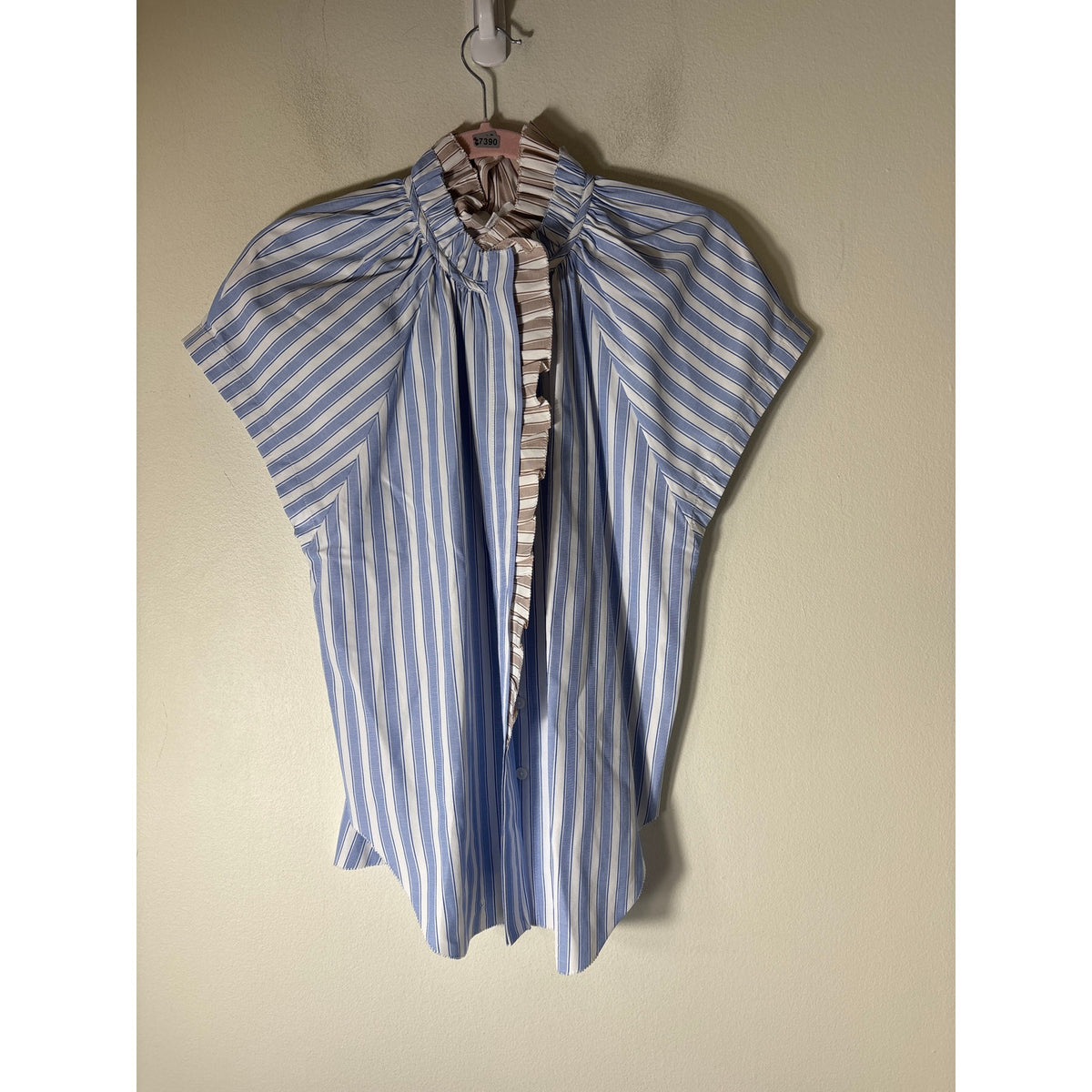 Sundays Blue Tan Stripe Cap Sleeve Button Up Ruffled High Collar Sz S