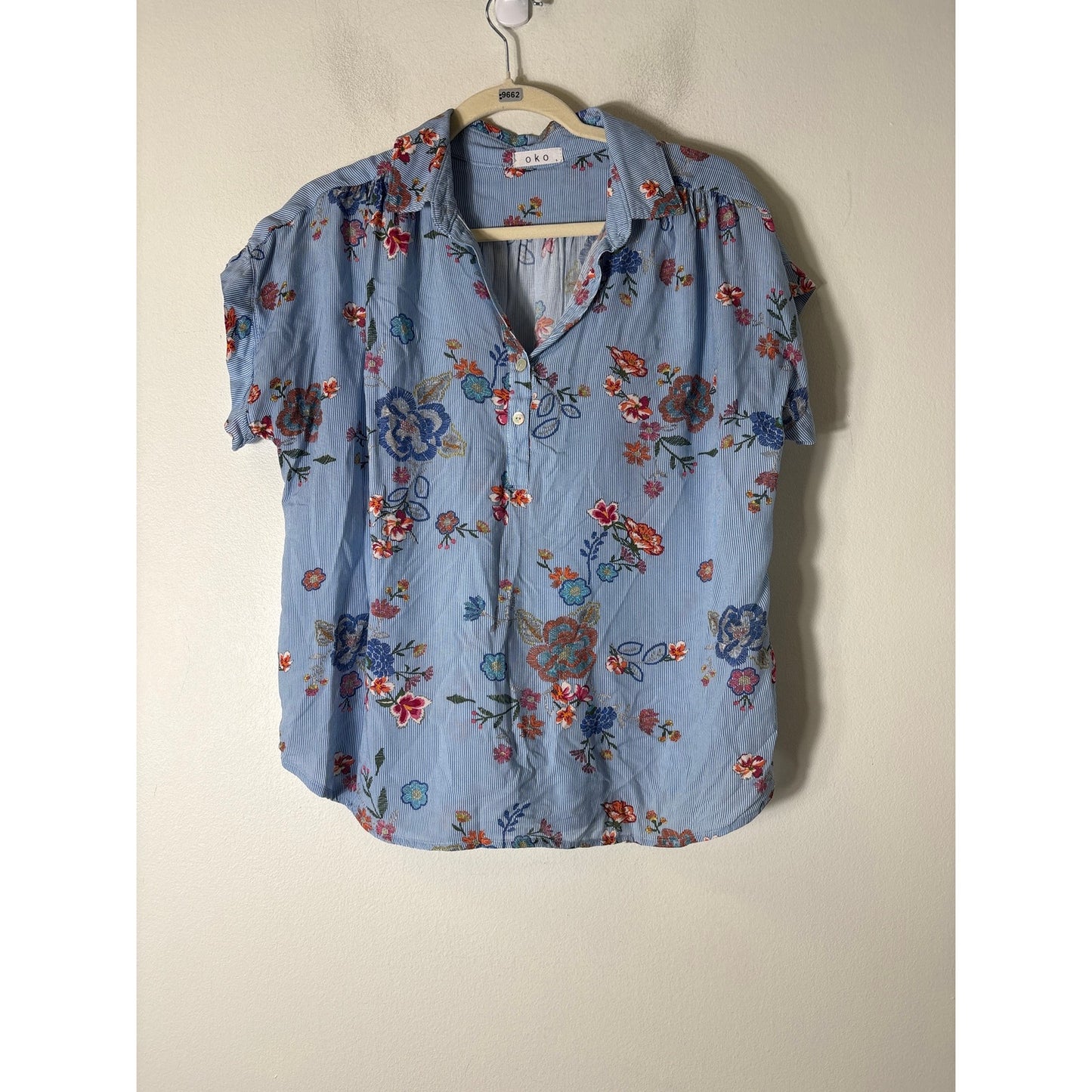 Oko Blue Stripe Floral Short Sleeve Top Sz S