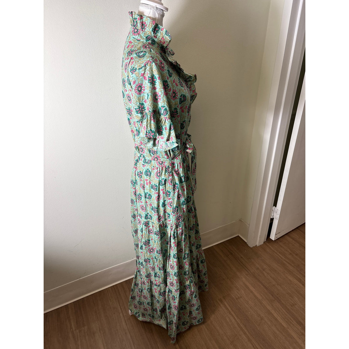 Millie Pink and Green Block Print Ruffled Maxi Dress Sz S