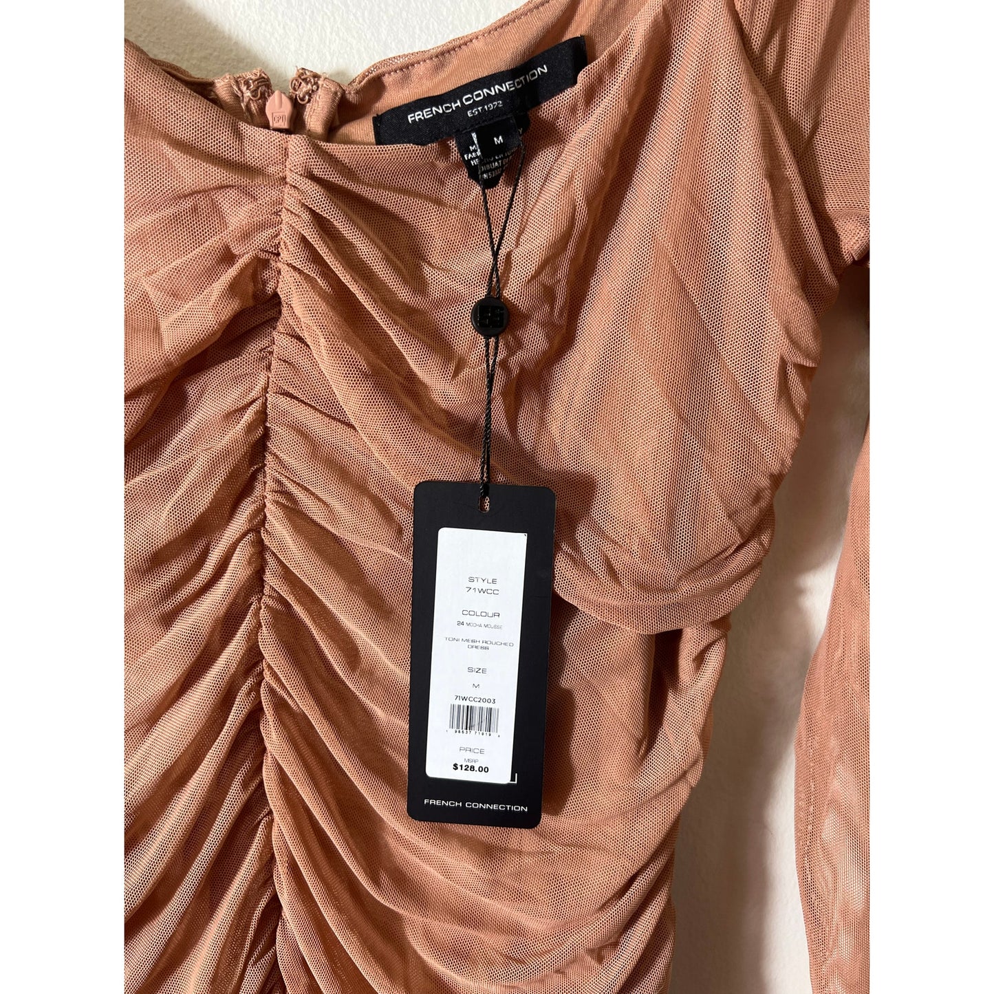 NWT French Connection Pink/Tan "Toni" Meshed Rouched Dress Sz M