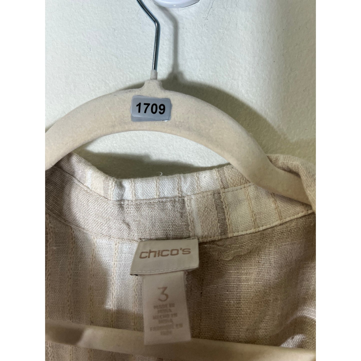 Chico's Off White Tan 3/4 Sleeve Linen Button Up Sz 3