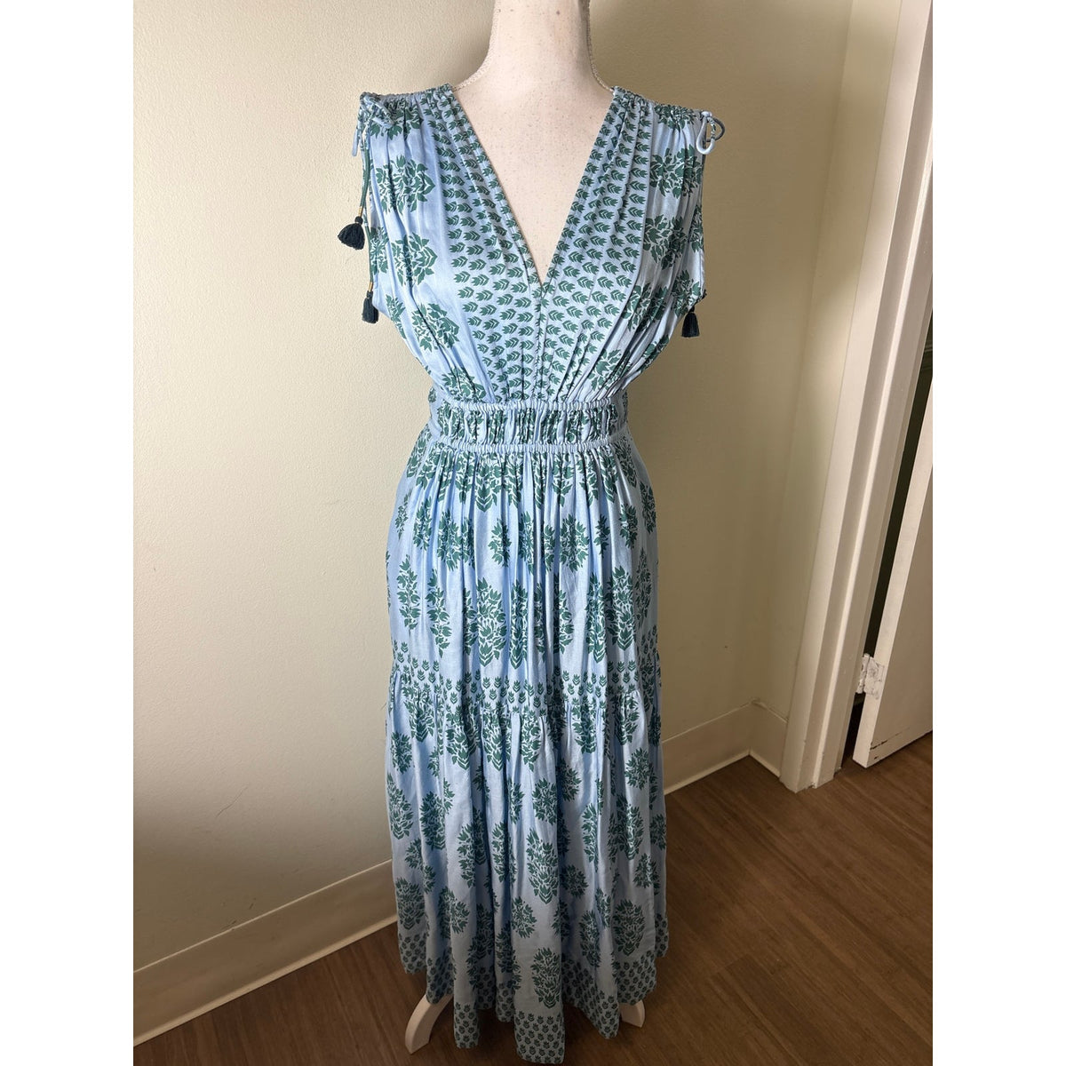 Omika Blue With Green Floral Maxi Dress Sz S