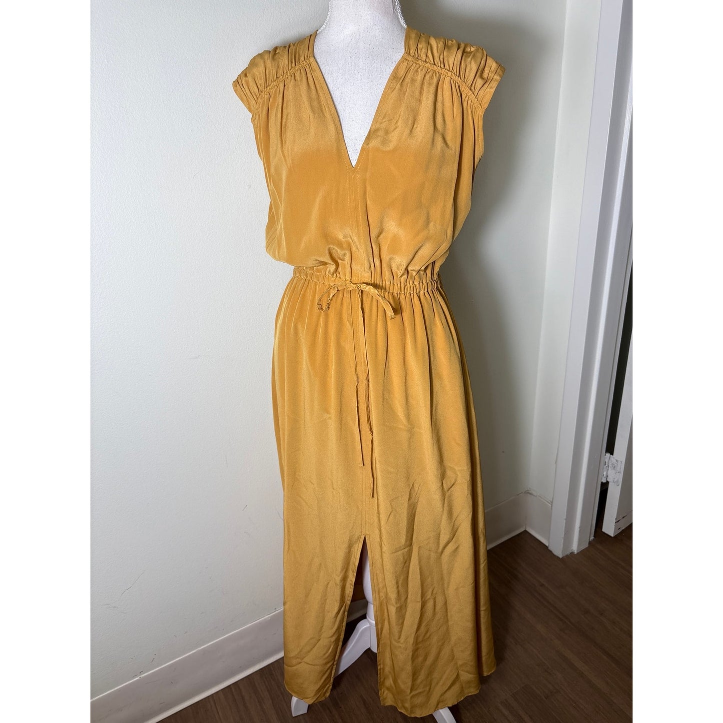 Billy Reid Gold Cap Sleeve V-Neck Silk Maxi Dress Sz S