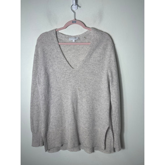 White + Warren Gray 100% Cashmere V Neck Sweater Sz L