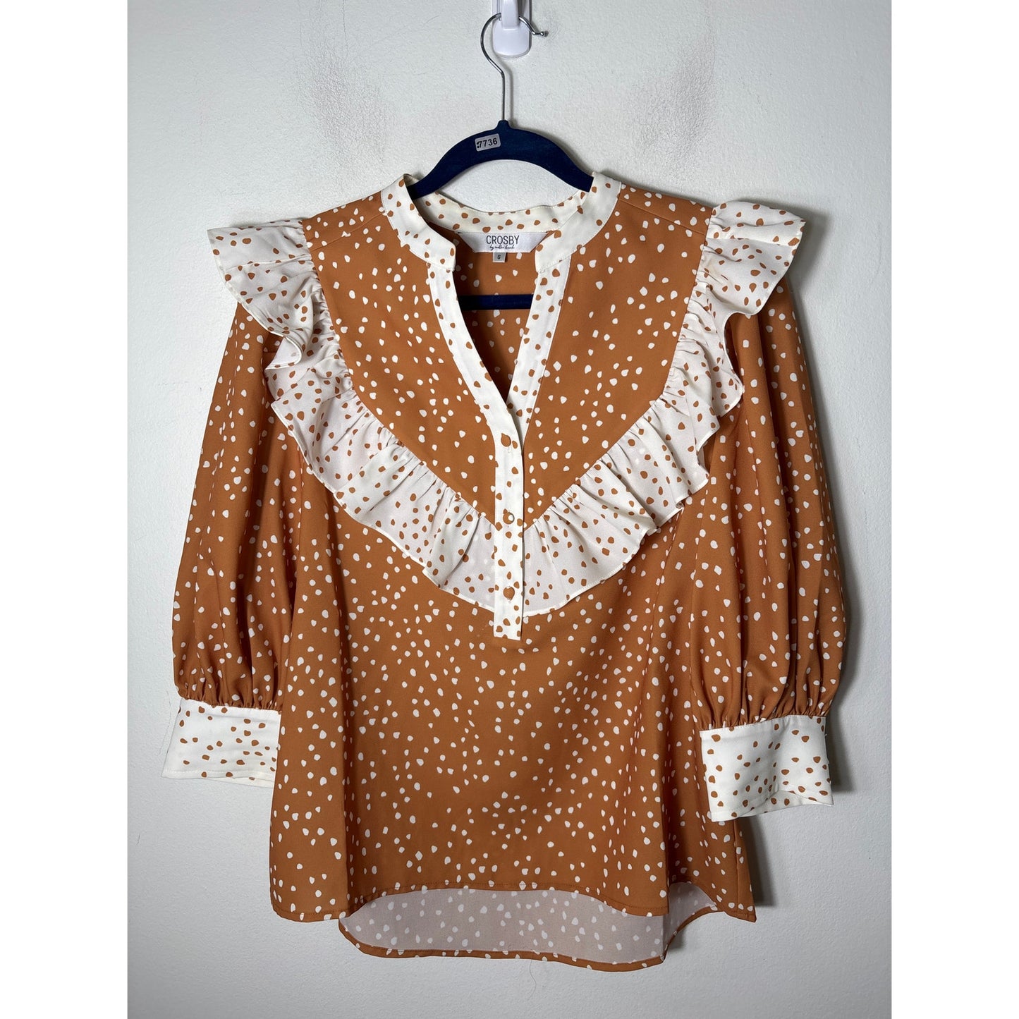 Crosby Brown and White Spotted Ruffle Blouse Sz S