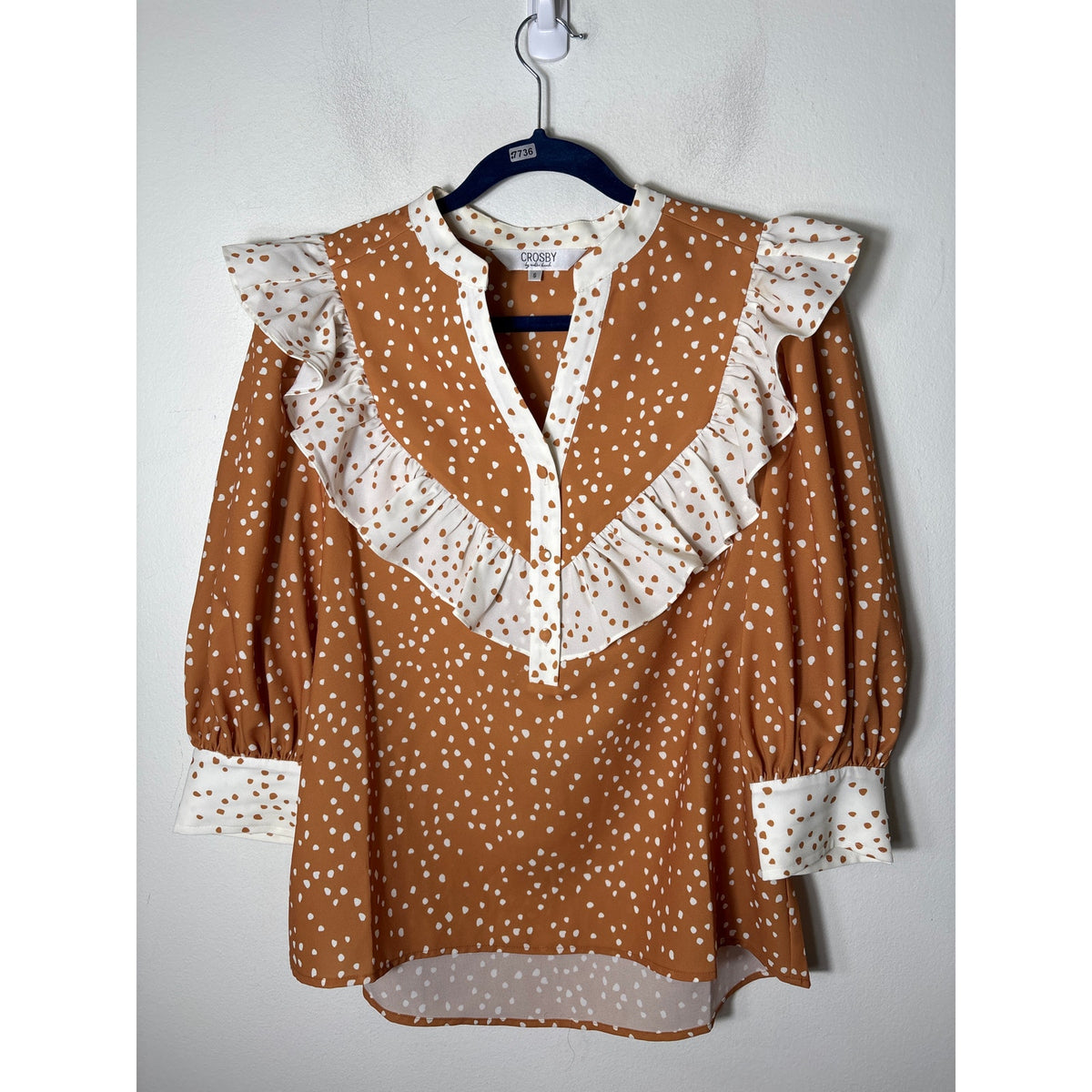 Crosby Brown and White Spotted Ruffle Blouse Sz S