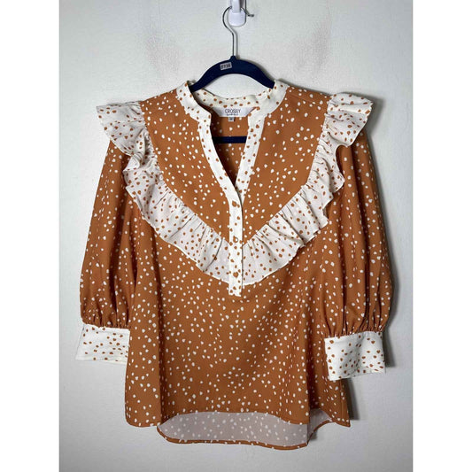 Crosby Brown and White Spotted Ruffle Blouse Sz S