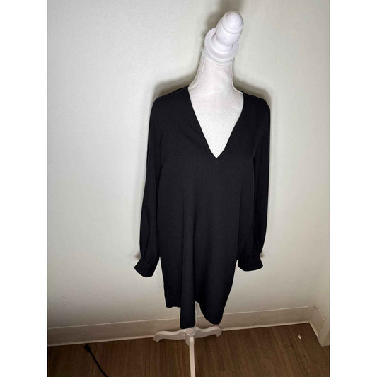 Ganni Black Long Sleeve V-Neck Mini Shift Dress Sz 38