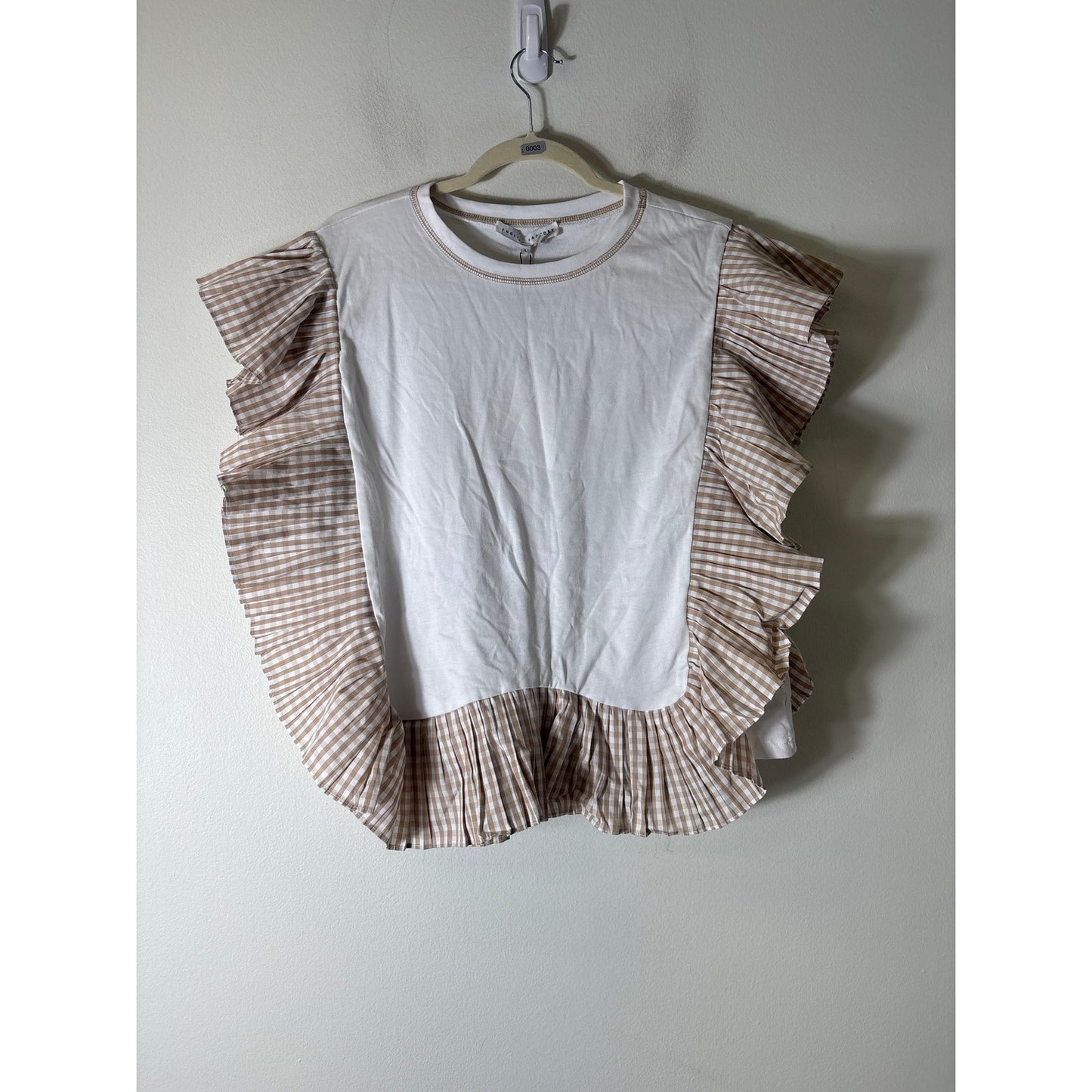 NWT English Factory White With Khaki Gingham Ruffles Top Sz L