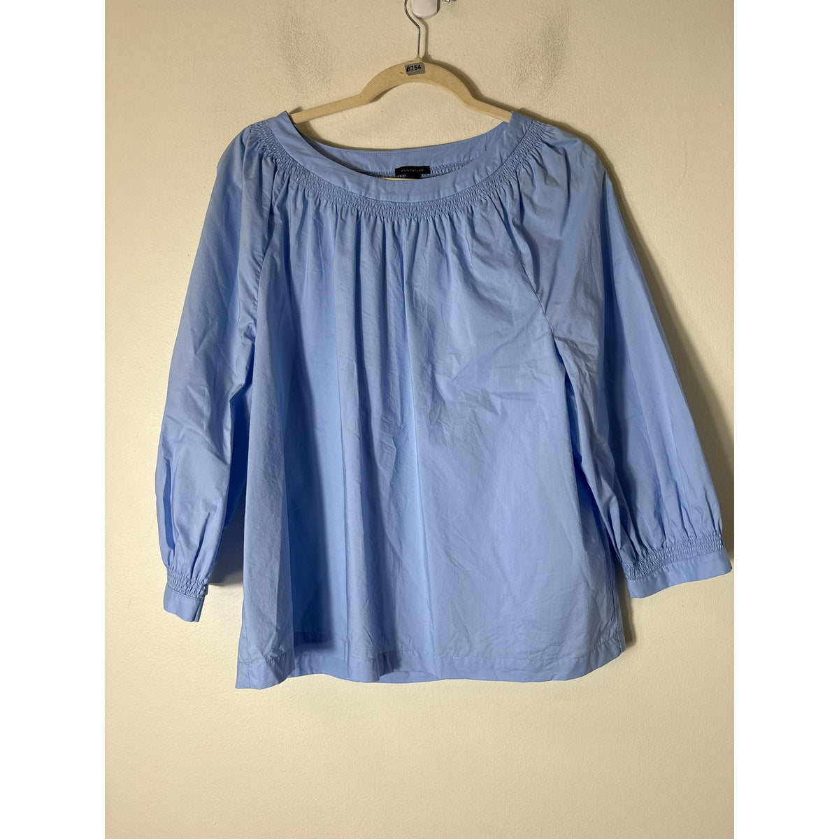 Ann Taylor Blue Cotton Smocked Neckline 3/4 Sleeve Top Sz L