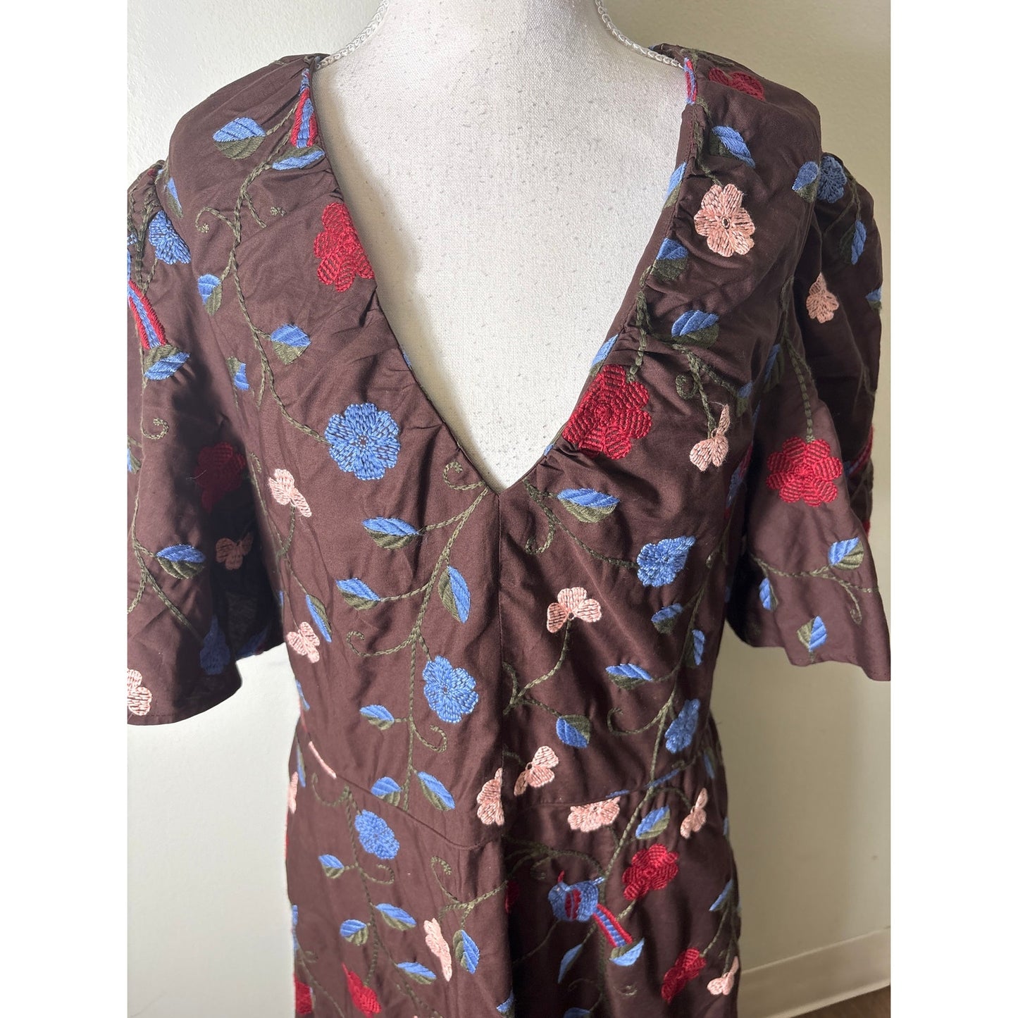 NWT Pearl By Lela Rose Chestnut Multi Color Embroidered Cotton Midi Dress Sz 12