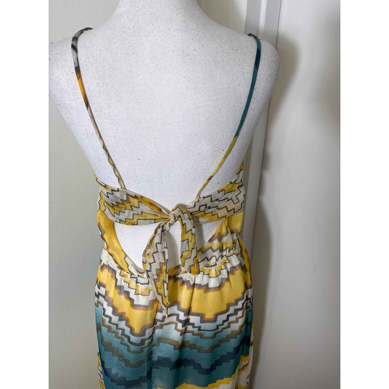 Anthropologie Wendy Katlen Yellow Teal Spaghetti Strap Backless Maxi Dress Sz 4