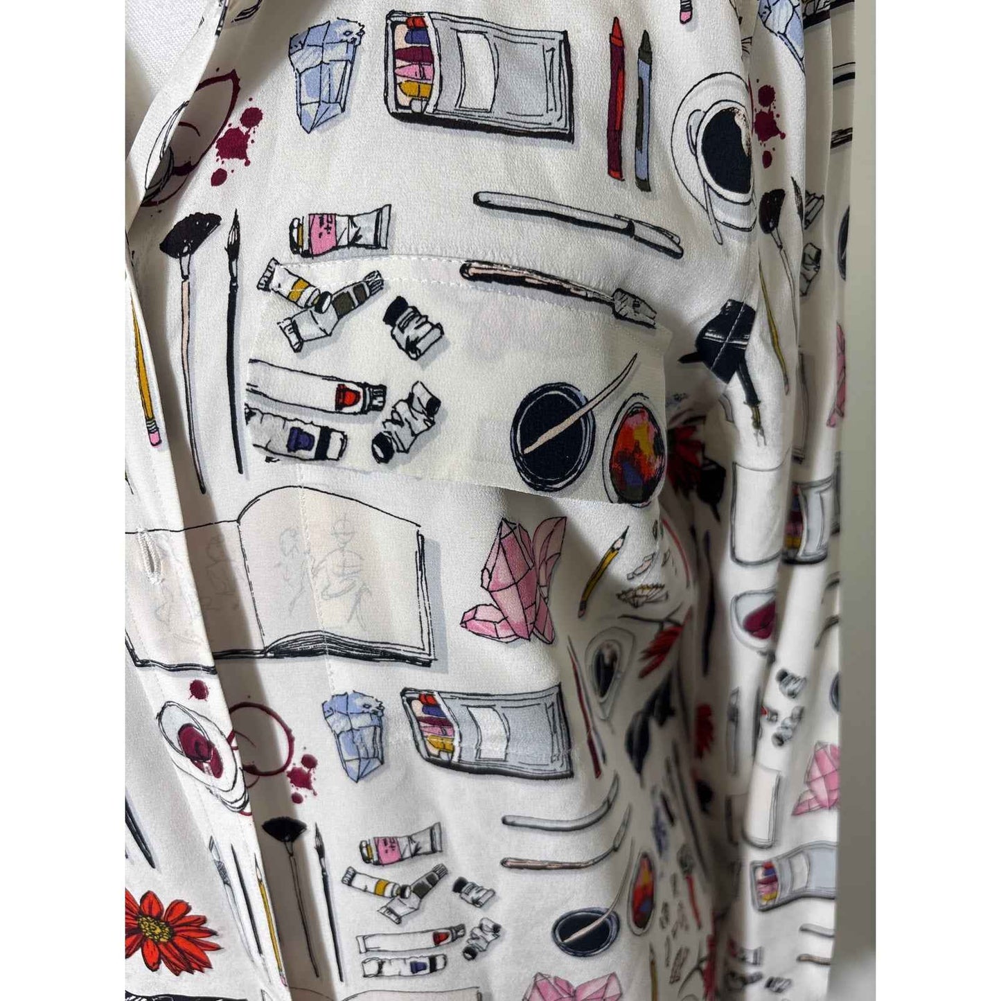 Equipment Femme White Art Print Long Sleeve Silk Button Up Shirt Sz M