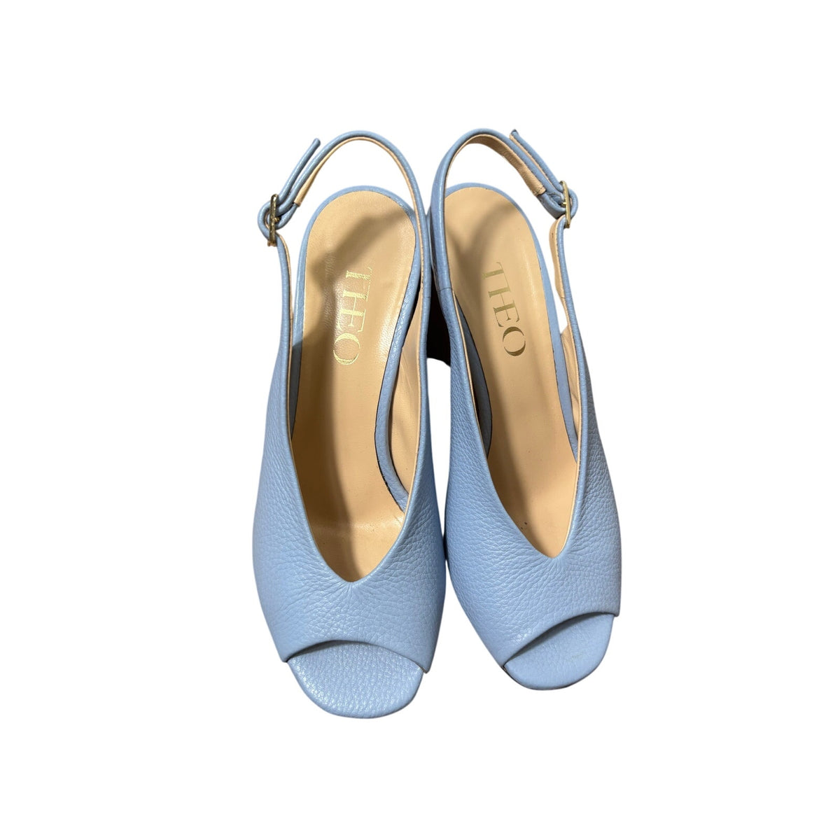 Theo Light Blue Leather Peep Toe Round Heel Pump Sz 38