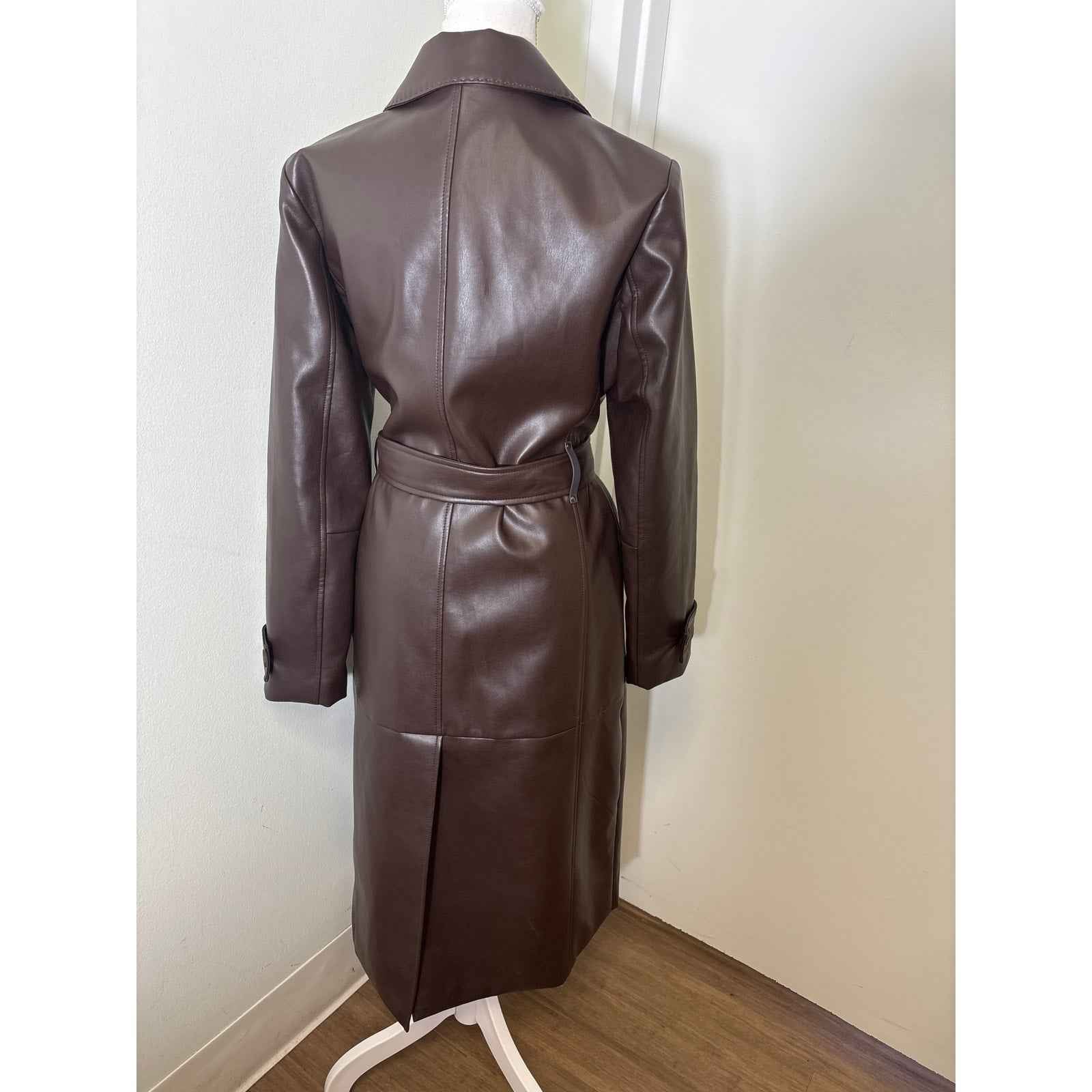 DKNY Chocolate Brown Faux Leather Long Sleeve Full Lenth Coat Sz S