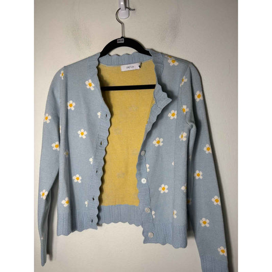 Greylin Light Blue Daisy Long Sleeve Scalloped Cardigan Sz S