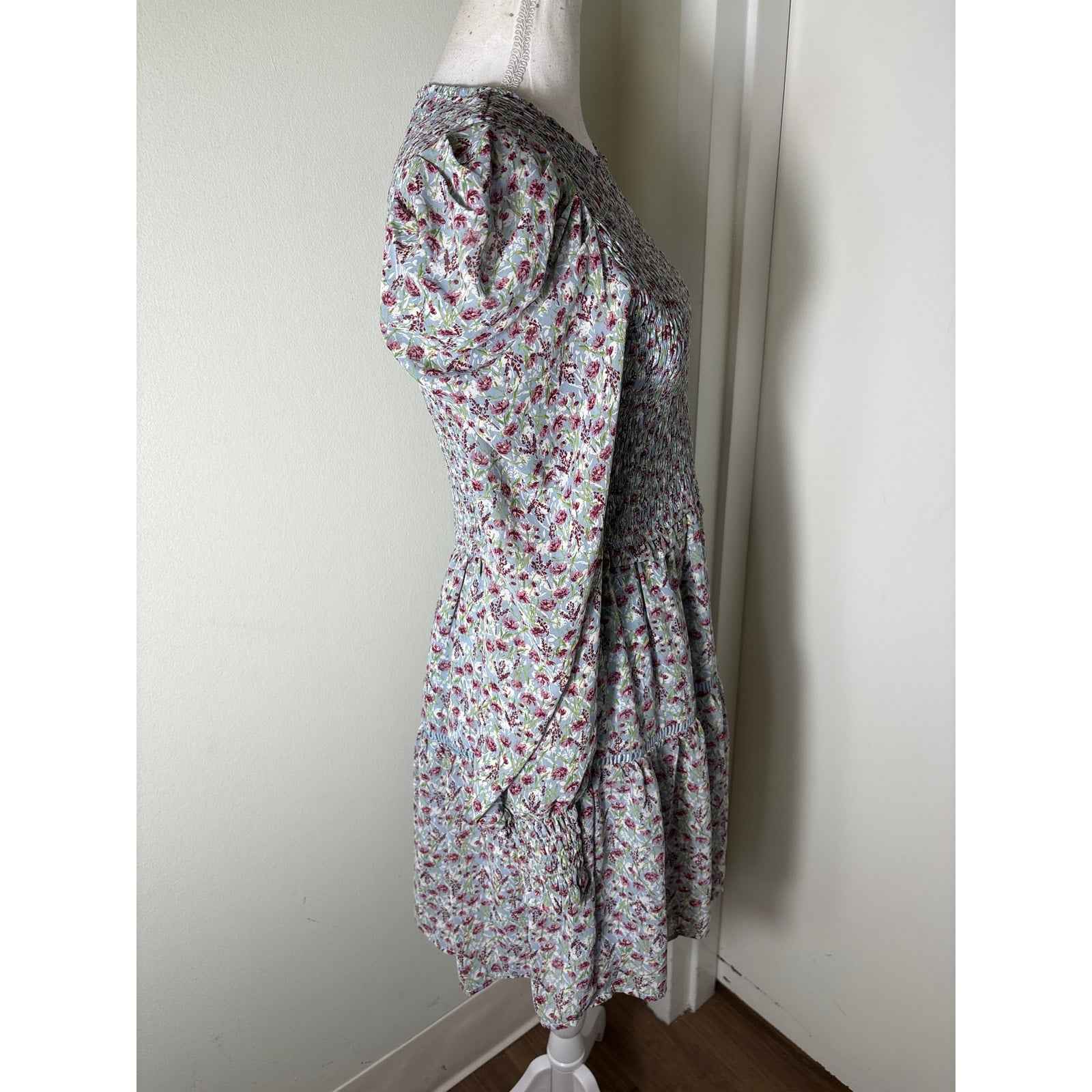 Allison New York Light Blue Floral Long Puff Sleeve Knee Length Sz M