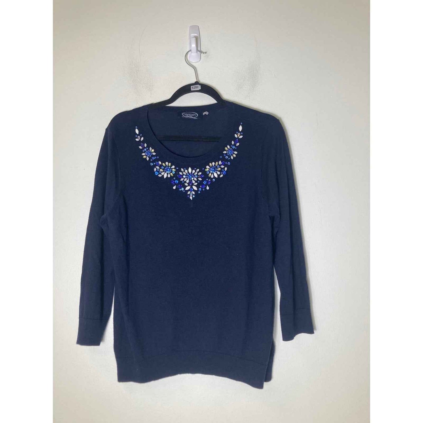 Magaschoni NY Navy Long Sleeve Rhinestone Detailing Sz L