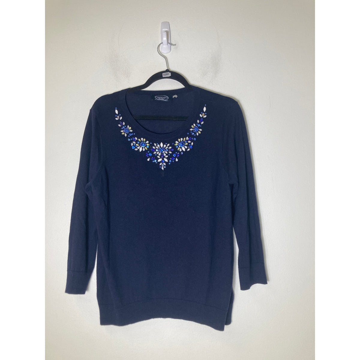 Magaschoni NY Navy Long Sleeve Rhinestone Detailing Sz L