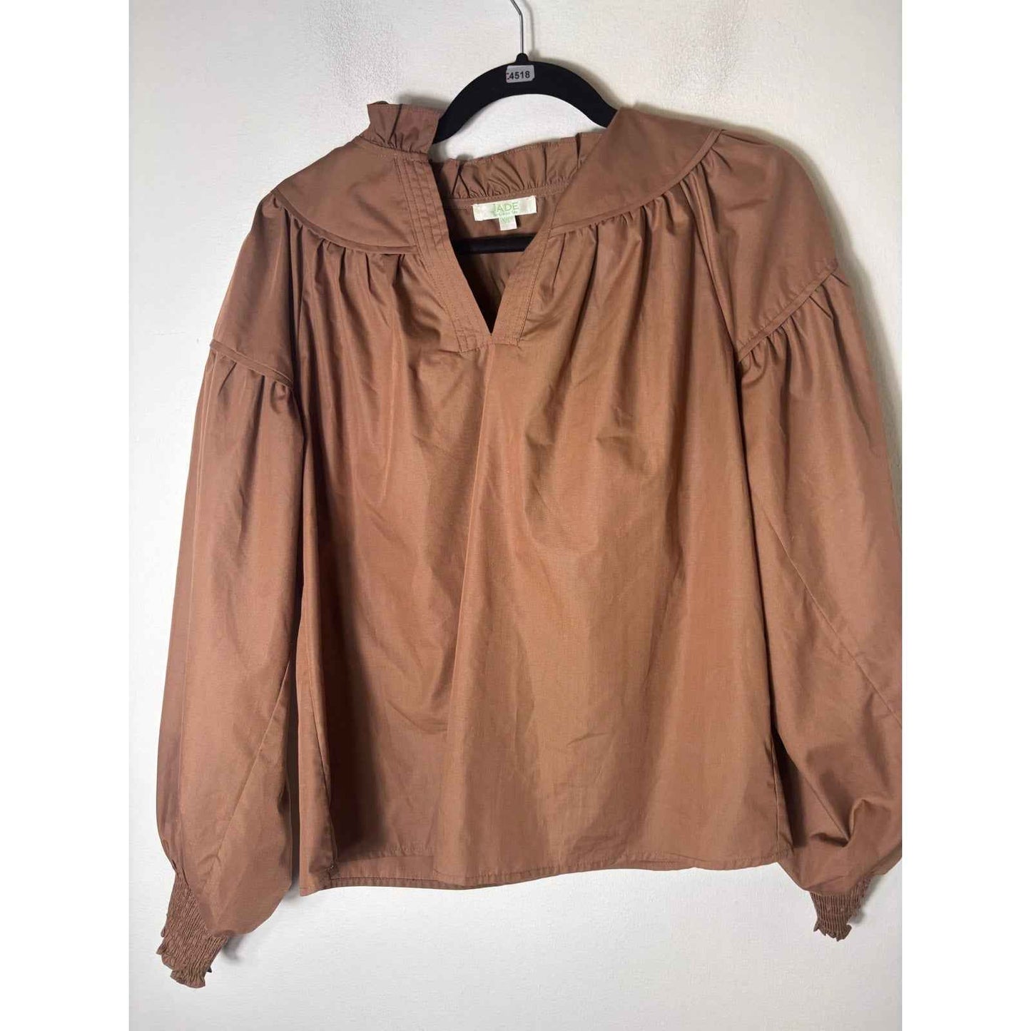 Jade Tan Long Sleeve Ruffled Neckline Top Sz XS