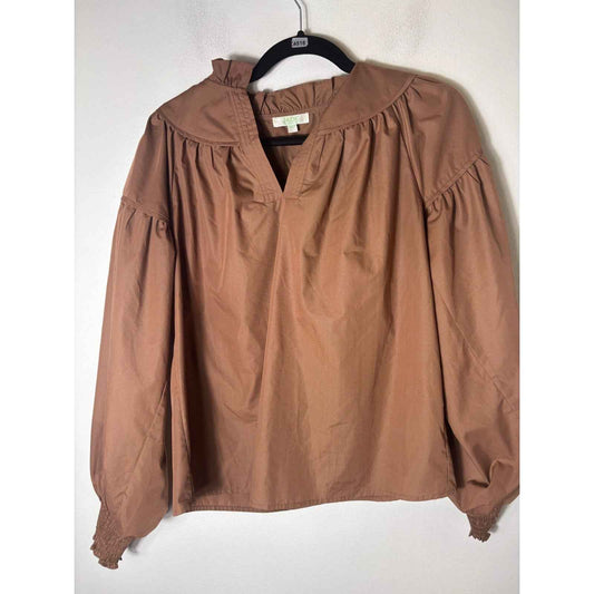 Jade Tan Long Sleeve Ruffled Neckline Top Sz XS
