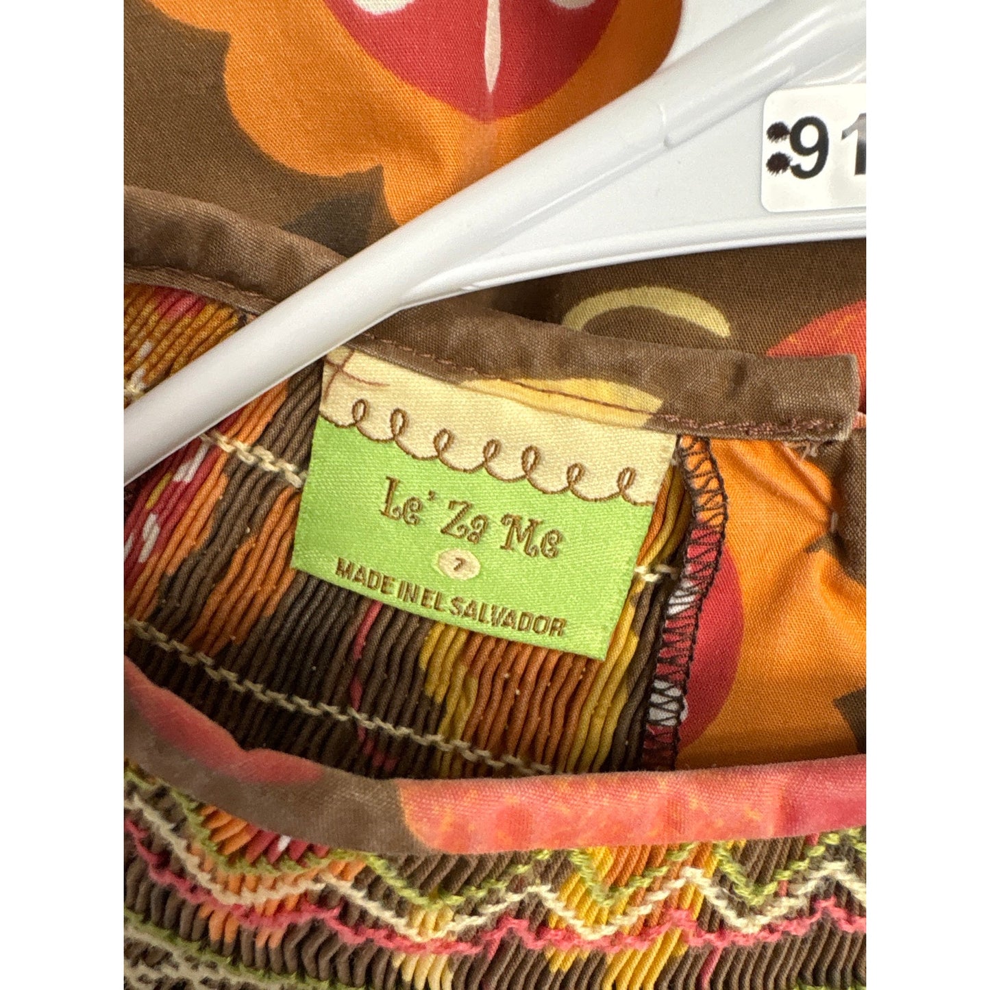Girls Vintage Le'Za Me Brown, Red,Orange&Yellow Smocked Long SLeeve Dress Sz 7