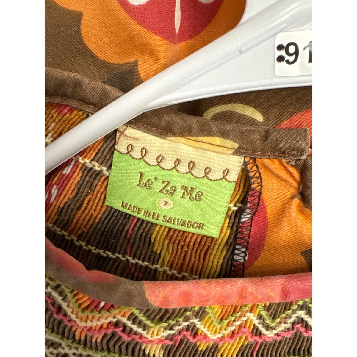 Girls Vintage Le'Za Me Brown, Red,Orange&Yellow Smocked Long SLeeve Dress Sz 7