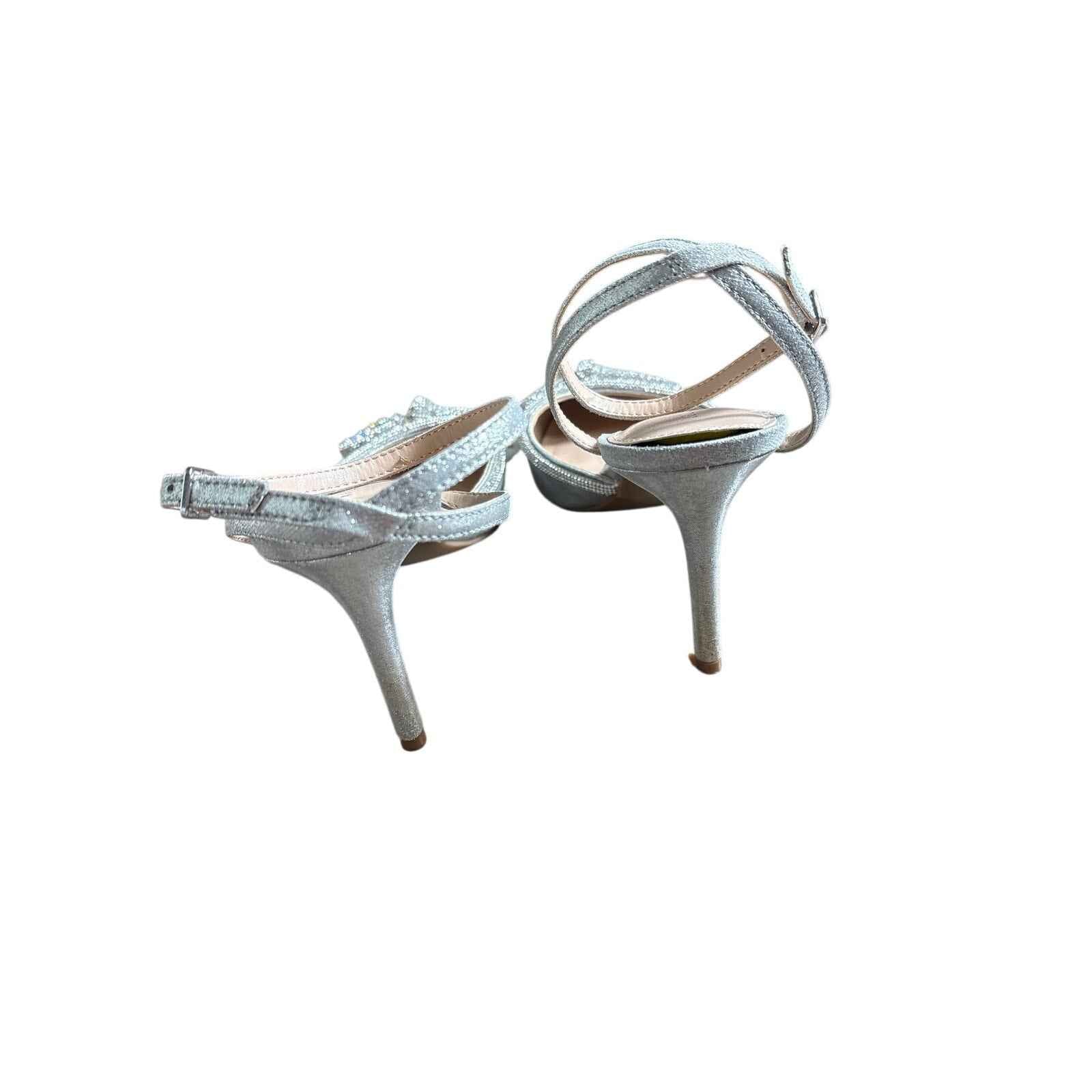 Katie & Kate Silver Metalic High Heel Bow Mule with Rhinestones Sz 8.5