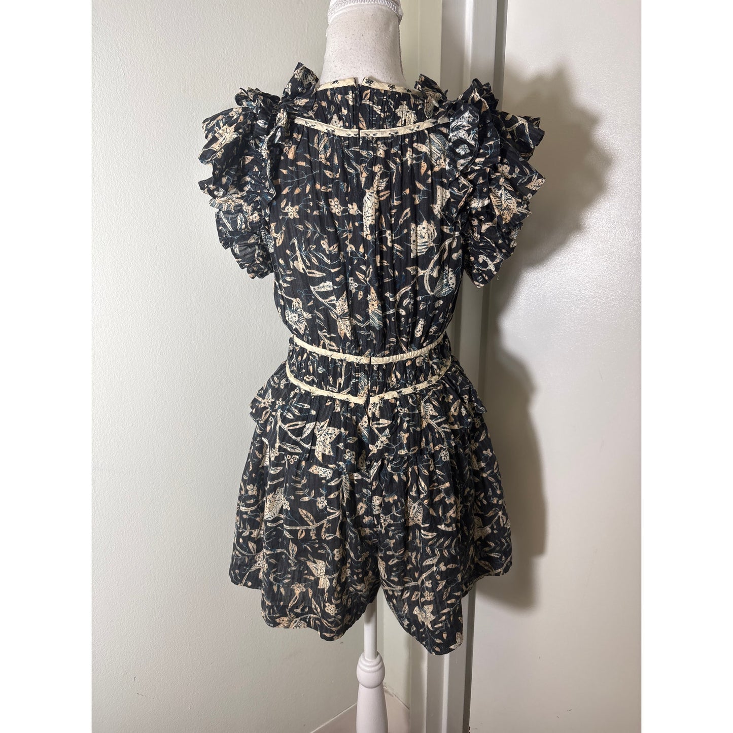 Ulla Johnson Black and Beige Floral Ruffled Romper Sz Tag Missing-fits like S