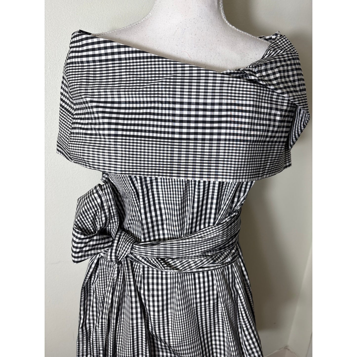 Lela Rose Black White Gingham Dramatic Wrap Top Sz 10