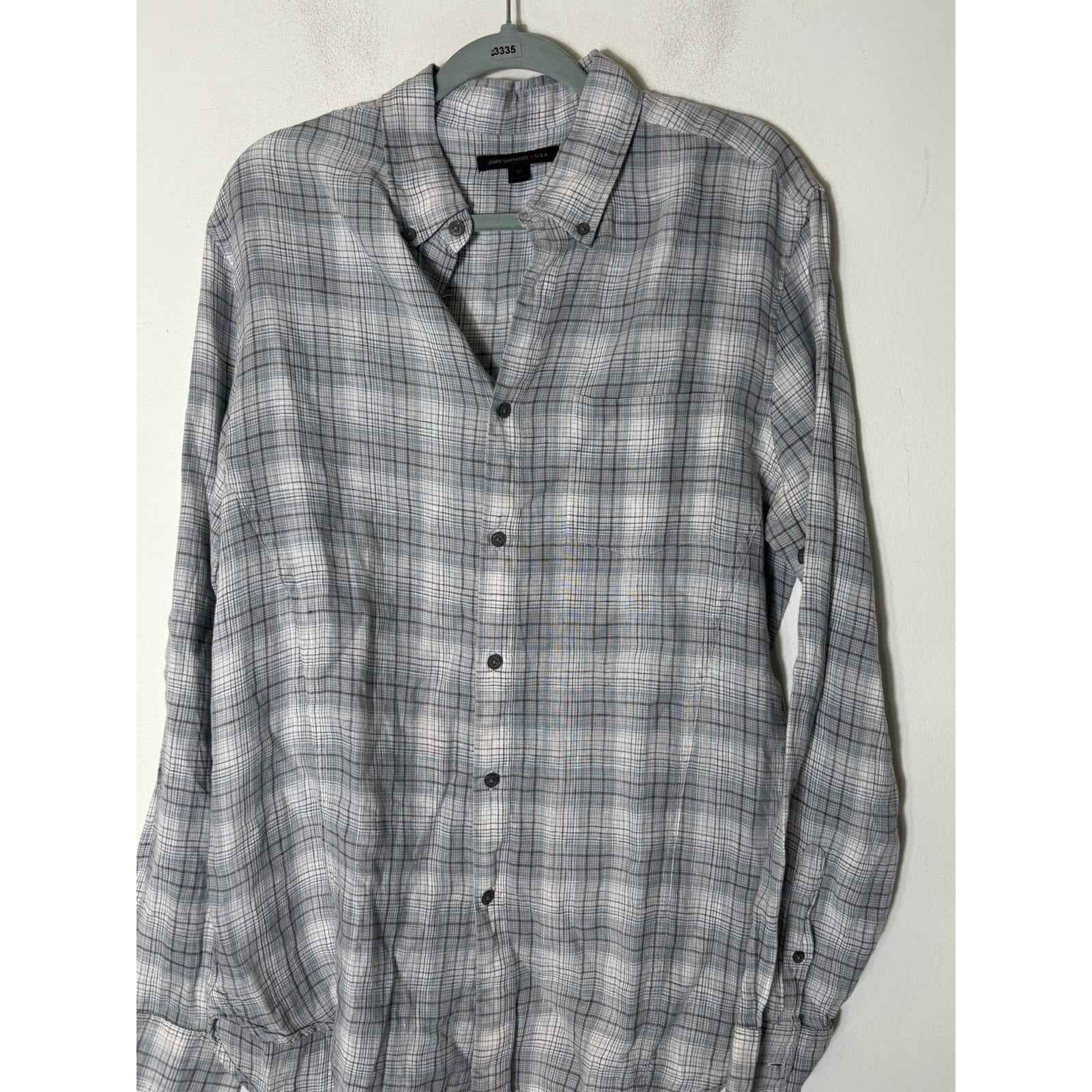 Men's John Varvatos Greenish Gray Plaid Long Sleeve Linen Shirt Sz M