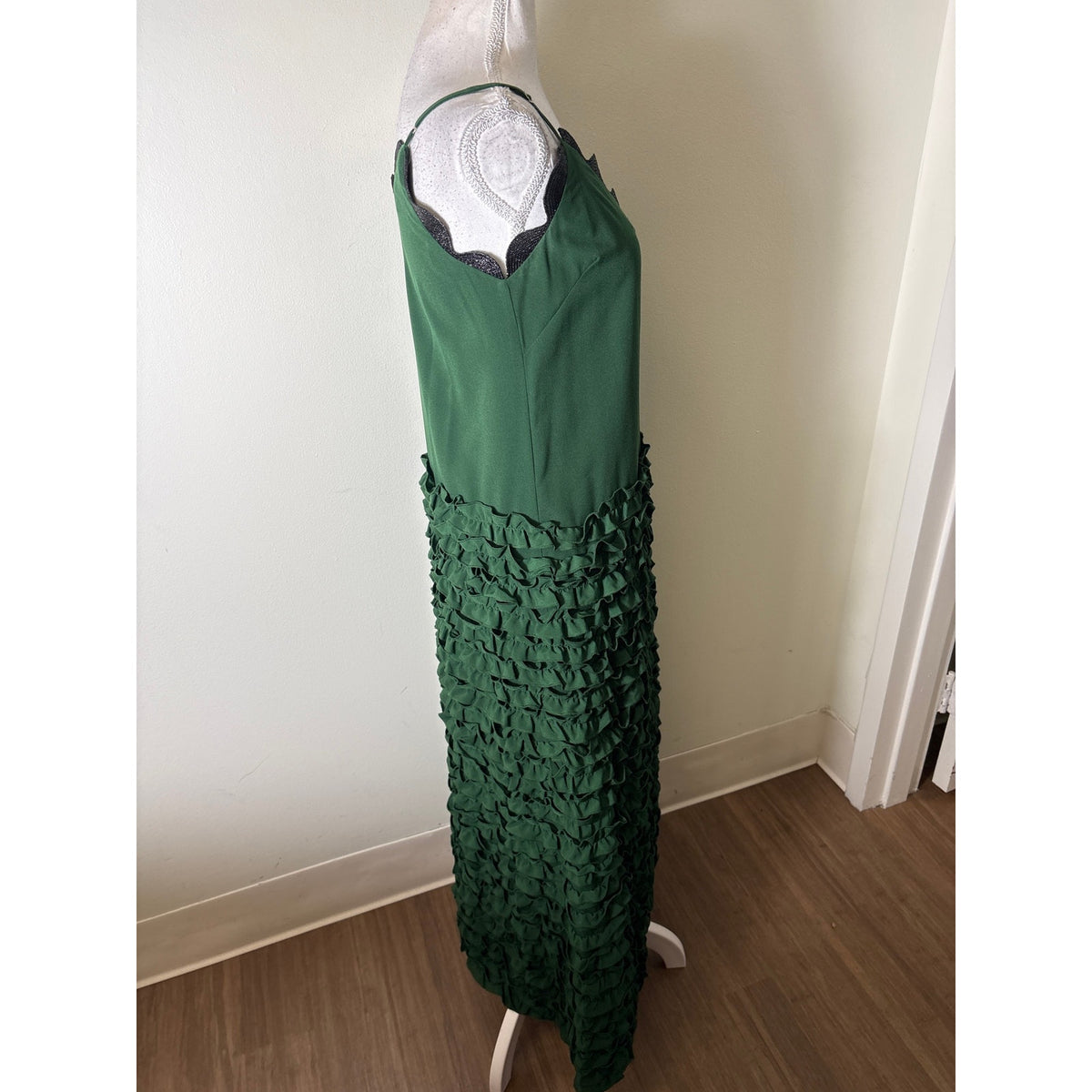 Cynthia Rowley Green With Black Ric Rac Trim Ruffled Gown Sz XS