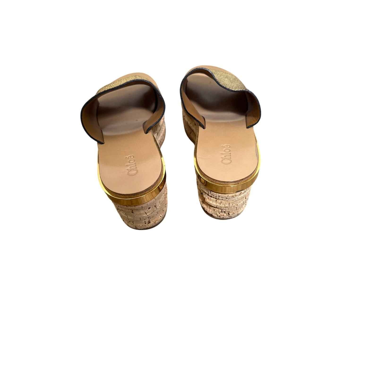 Chloe Cork Wedge Gold Sandal Sz 39.5