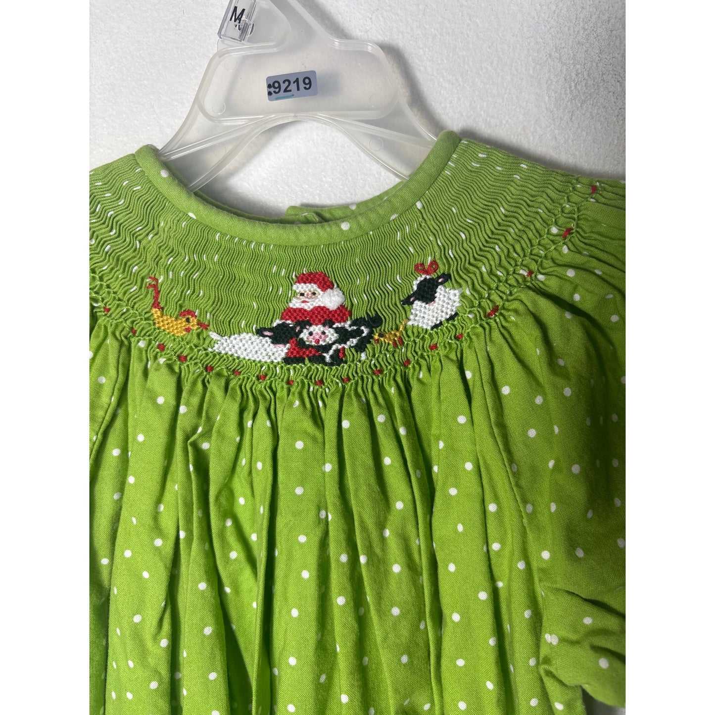 Girls Vintage Amanada Remembered Green dot Smocked Santa Dress Sz 6