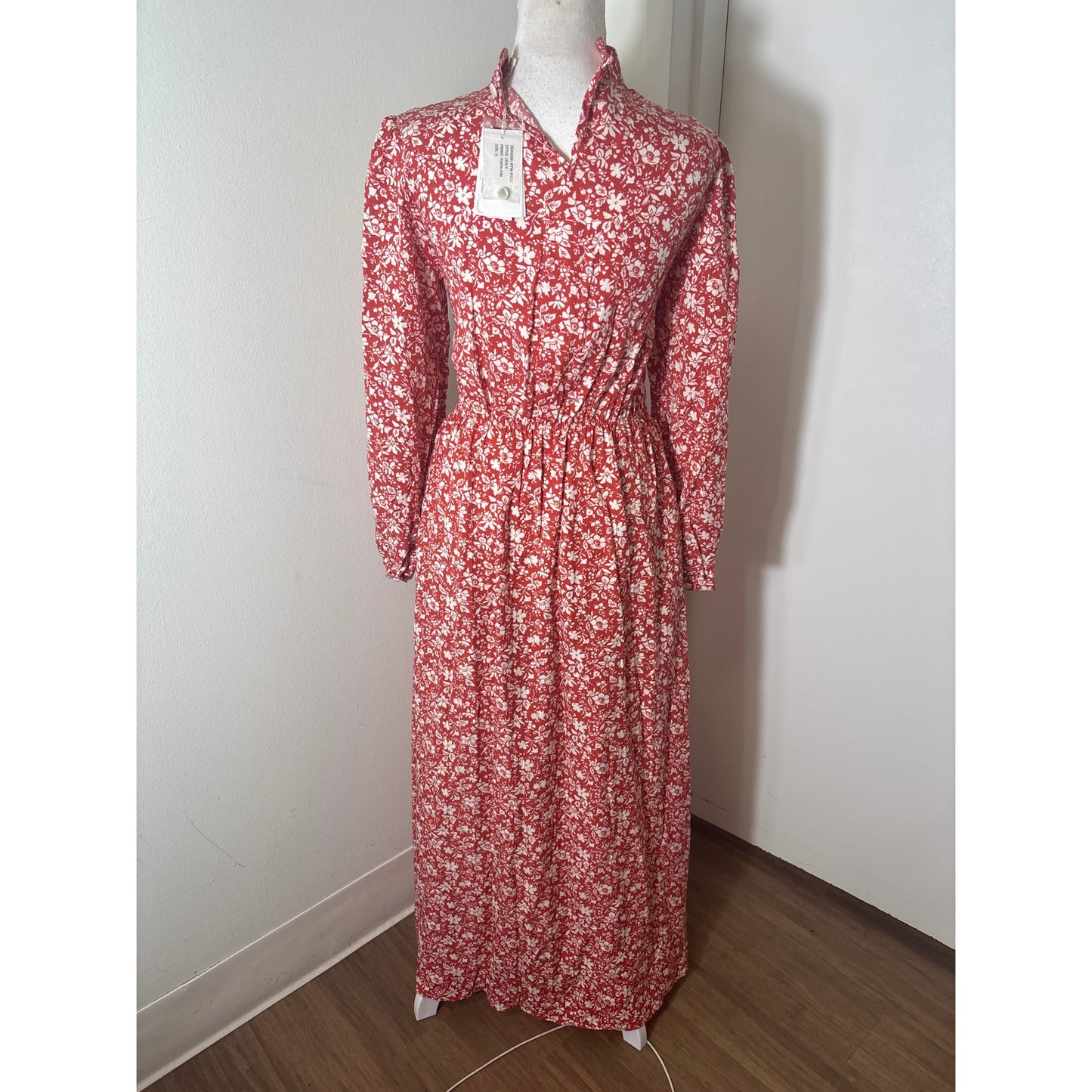 NWT Loretta Caponi Smocked Bust Long Sleeve Maxi Dress Sz S