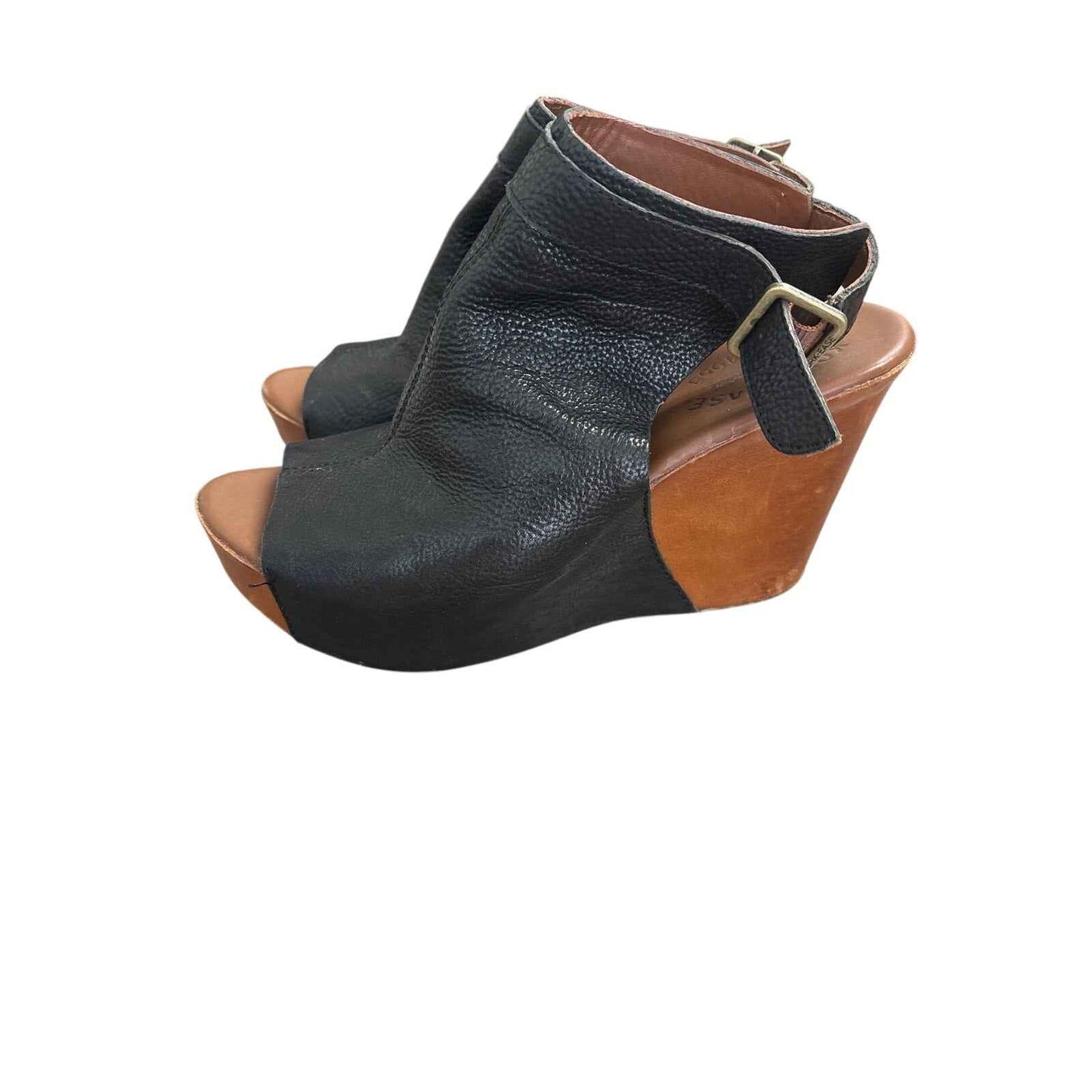 Kork Ease Black Leather Peep Toe Wedges Sz 8