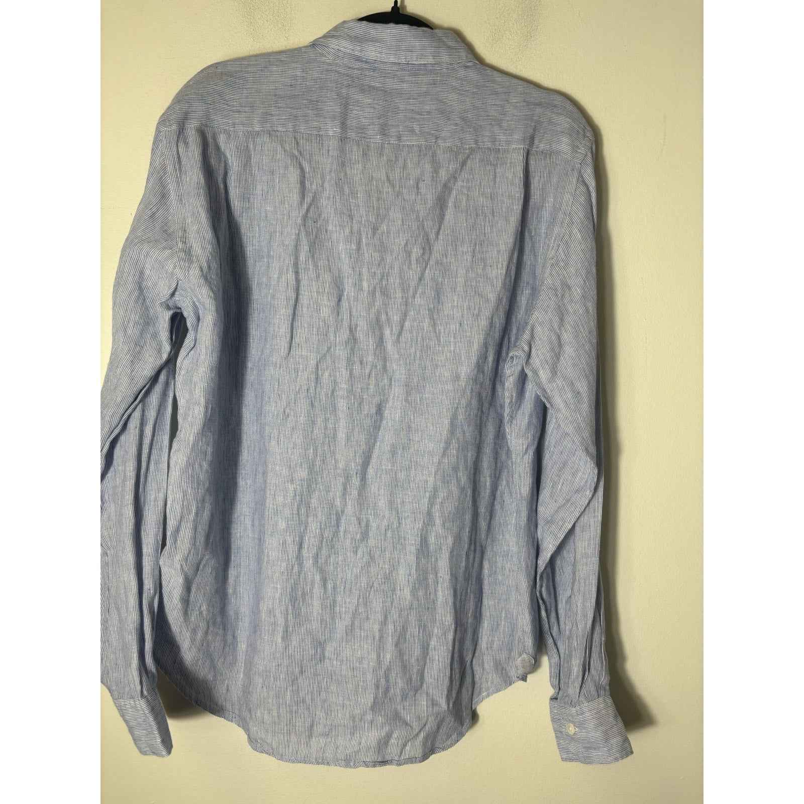 Men's Hartford Blue and White Linen Long Sleeve Button Down Sz L