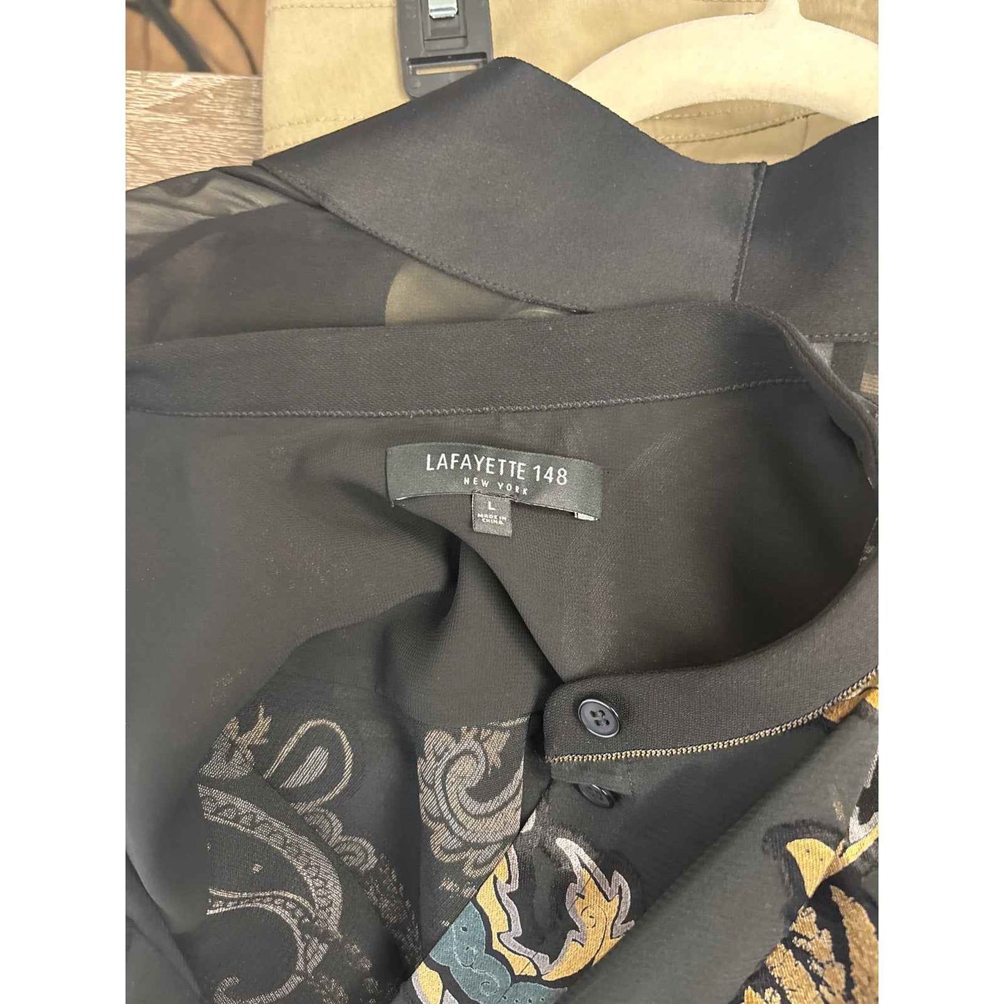 Lafayette 148 Black with Gold Paisly Sheer Blouse Sz L