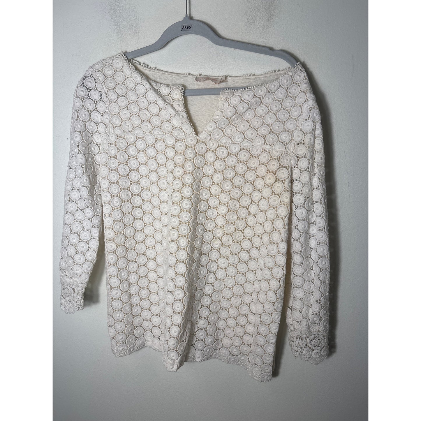 Tory Burch Off White Long Sleeve Top with Embroidered Overlay Sz L