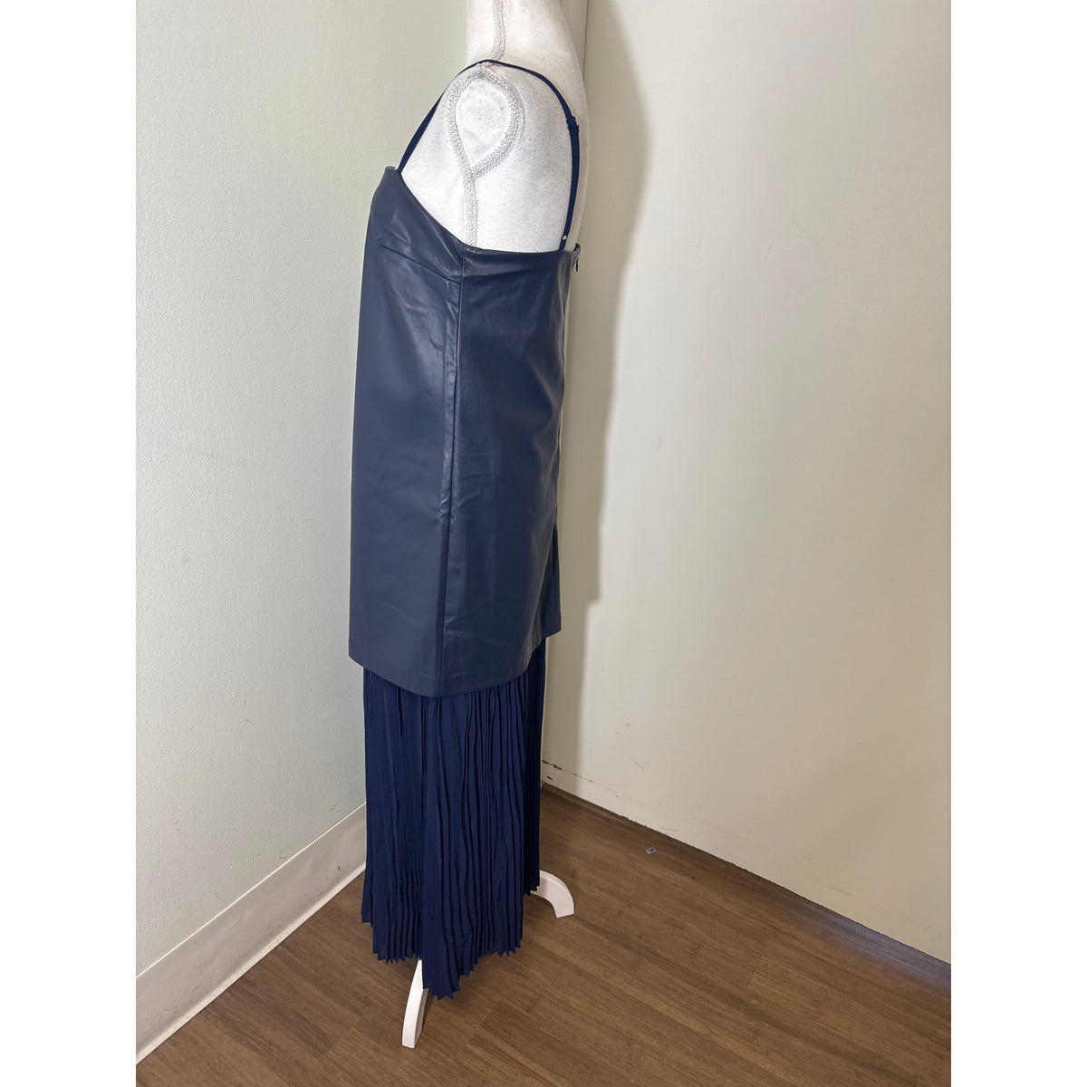 NWT Hyacinth House Navy Faux Leather and Chiffon Pleated Maxi Dress Sz S
