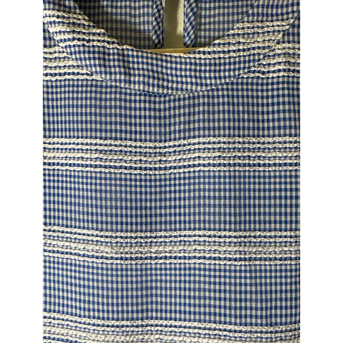 Waverly Gray Blue Gingham Sheer Cap Sleeve Shirt Sz S