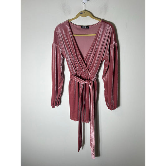 Yoins Pink Deep V Velour Long Sleeve Romper Sz S