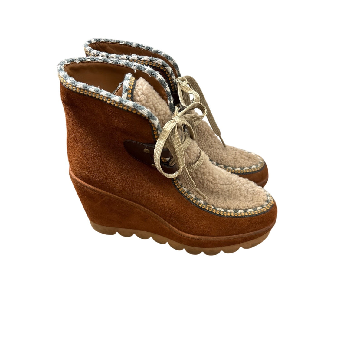 See By Chloe Brown Suede and Shearling Platform Wedge Boot Sz 41 (10.5)