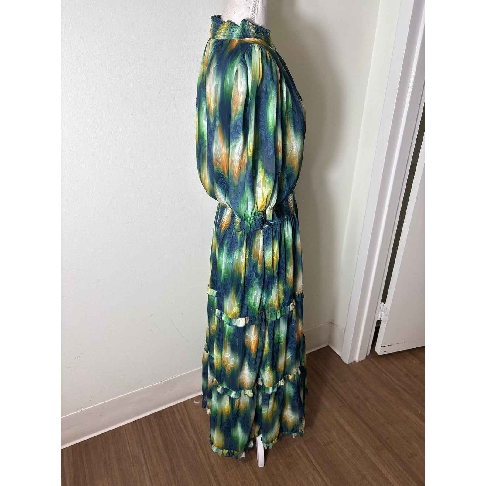 Abbeyglass Navy Green Watercolor 3/4 Sleeve Maxi Dress Sz L