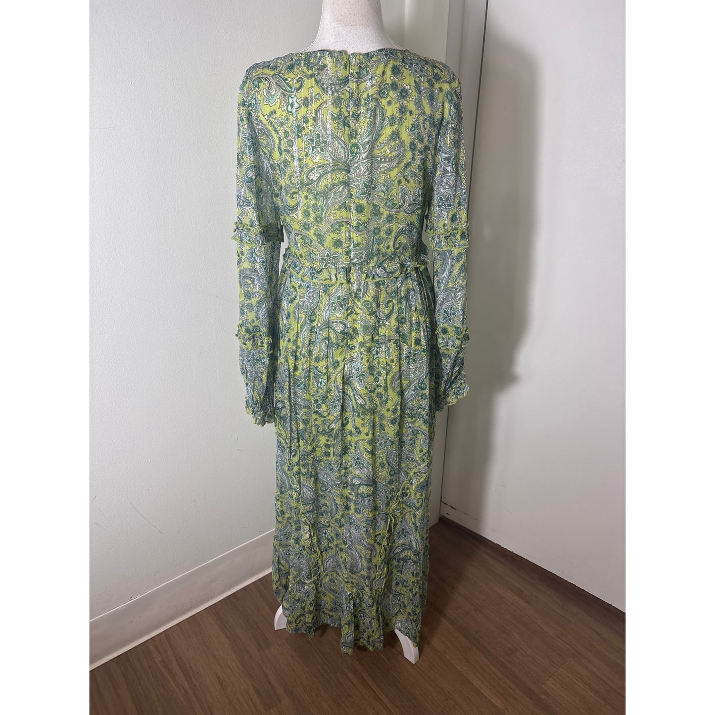 Ranna Gill Green Paisley With Silver Thread Maxi Dress Sz S
